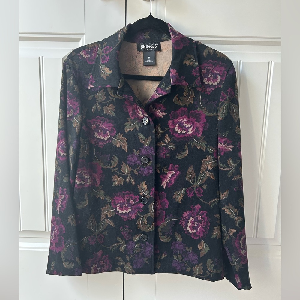 BRIGGS Black Floral Button-Up Top with Purple Blooms